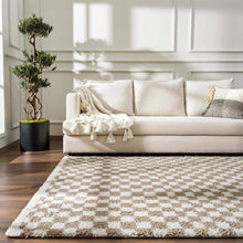 Load image into Gallery viewer, Kieu Taupe Checkered Shag Rug [Online Only]
