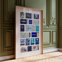 Load image into Gallery viewer, Blue Matchbook Collage Poster w/Frame Options [Online Only]
