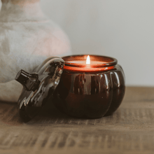 Load image into Gallery viewer, Hello Fall Soy Candle - Amber Glass Pumpkin Jar - 20 oz [Online Only]
