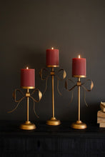 Load image into Gallery viewer, Set of 3 Antique Brass Pillar Candle Stands with Bow Detail
