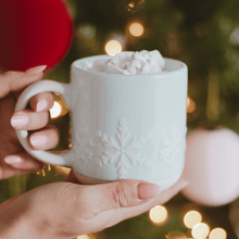 Load image into Gallery viewer, Snowflakes 14 oz Blue Stoneware Coffee Mug [Online Only]
