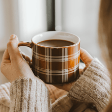 Load image into Gallery viewer, Brown Plaid 14 oz Gold Handle Coffee Mug [Online Only]
