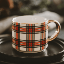 Load image into Gallery viewer, White Plaid 14 oz Gold Handle Coffee Mug [Online Only]
