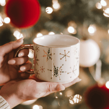 Load image into Gallery viewer, Gold Snowflakes 14 oz Gold Handle Coffee Mug [Online Only]
