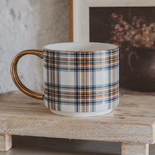 Load image into Gallery viewer, Orange Navy Plaid 14 oz Gold Handle Coffee Mug [Online Only]
