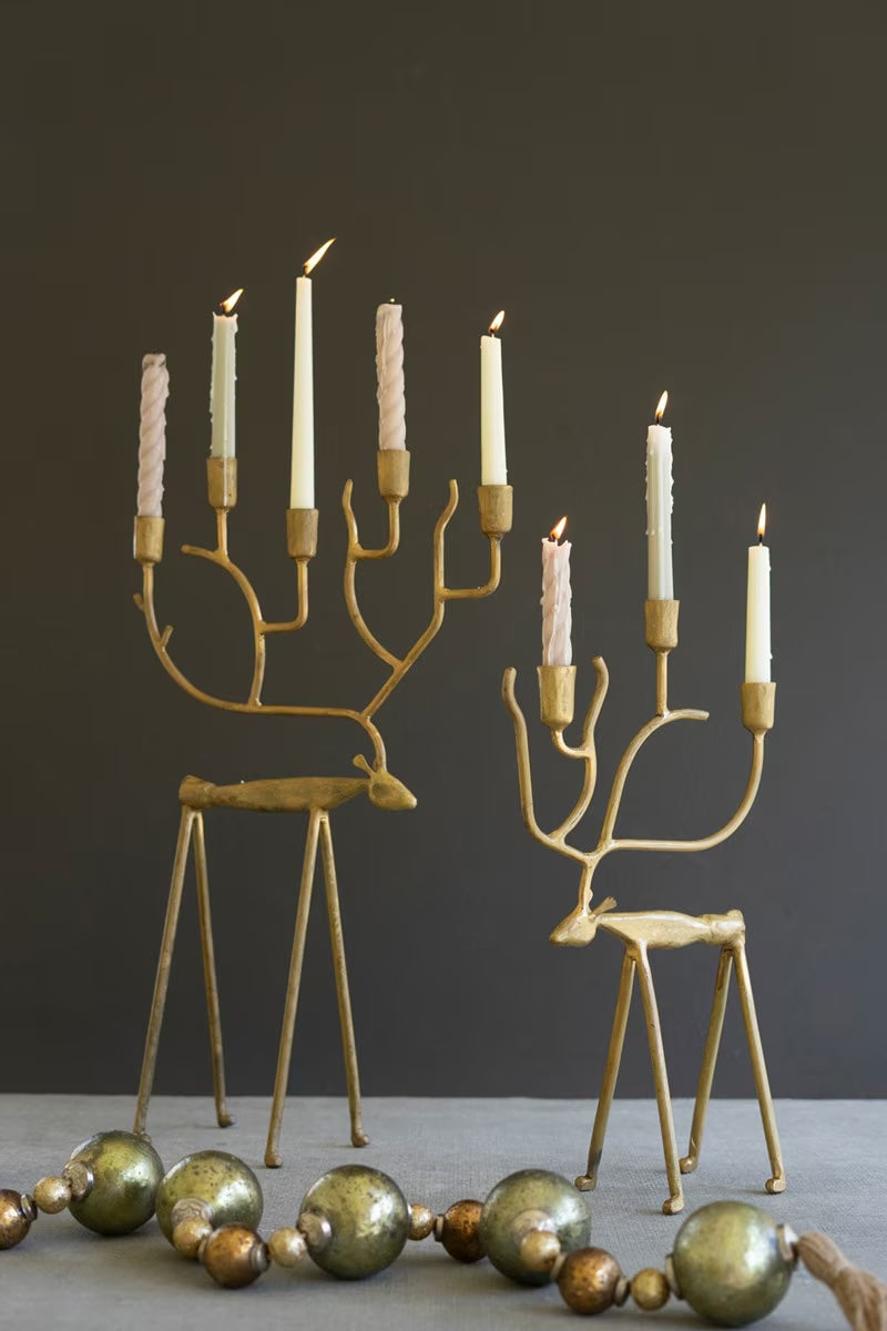 Antique Gold Forged Iron Christmas Deer Candelabras