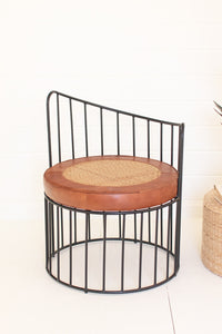 Barrel Iron Chair with Leather and Woven Cane Cushion