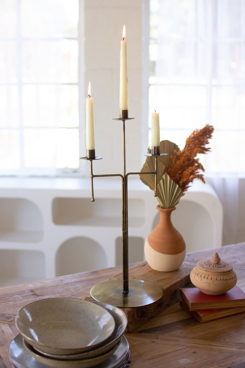 Antique Brass Tabletop Candelabra with Three Taper Candle Holders