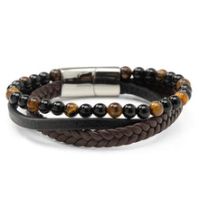 Load image into Gallery viewer, Stainless Steel Stacked Brown Leather Bracelet with Tigers Eye [Online Only]
