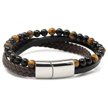 Load image into Gallery viewer, Stainless Steel Stacked Brown Leather Bracelet with Tigers Eye [Online Only]
