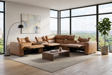 Load image into Gallery viewer, Rally Pro Caramel 6-Piece Power Reclining Sectional with Console and Immersive Sound System [Online Only]
