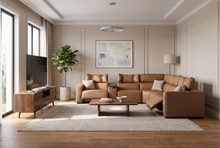 Load image into Gallery viewer, Rally Pro Caramel 6-Piece Power Reclining Sectional with Console and Immersive Sound System [Online Only]
