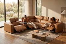 Load image into Gallery viewer, Rally Pro Caramel 6-Piece Power Reclining Sectional with Console and Immersive Sound System [Online Only]

