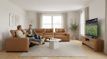 Load image into Gallery viewer, Rally Pro Caramel 6-Piece Power Reclining Sectional with Console and Immersive Sound System [Online Only]
