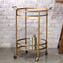 Load image into Gallery viewer, Round Gold &amp; Glass Bar Cart
