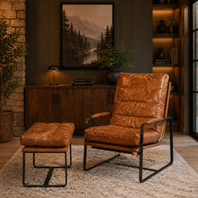 Load image into Gallery viewer, Prima Classe Rustic Modern Chair and Ottoman Set - Light Brown Leather [Online Only]
