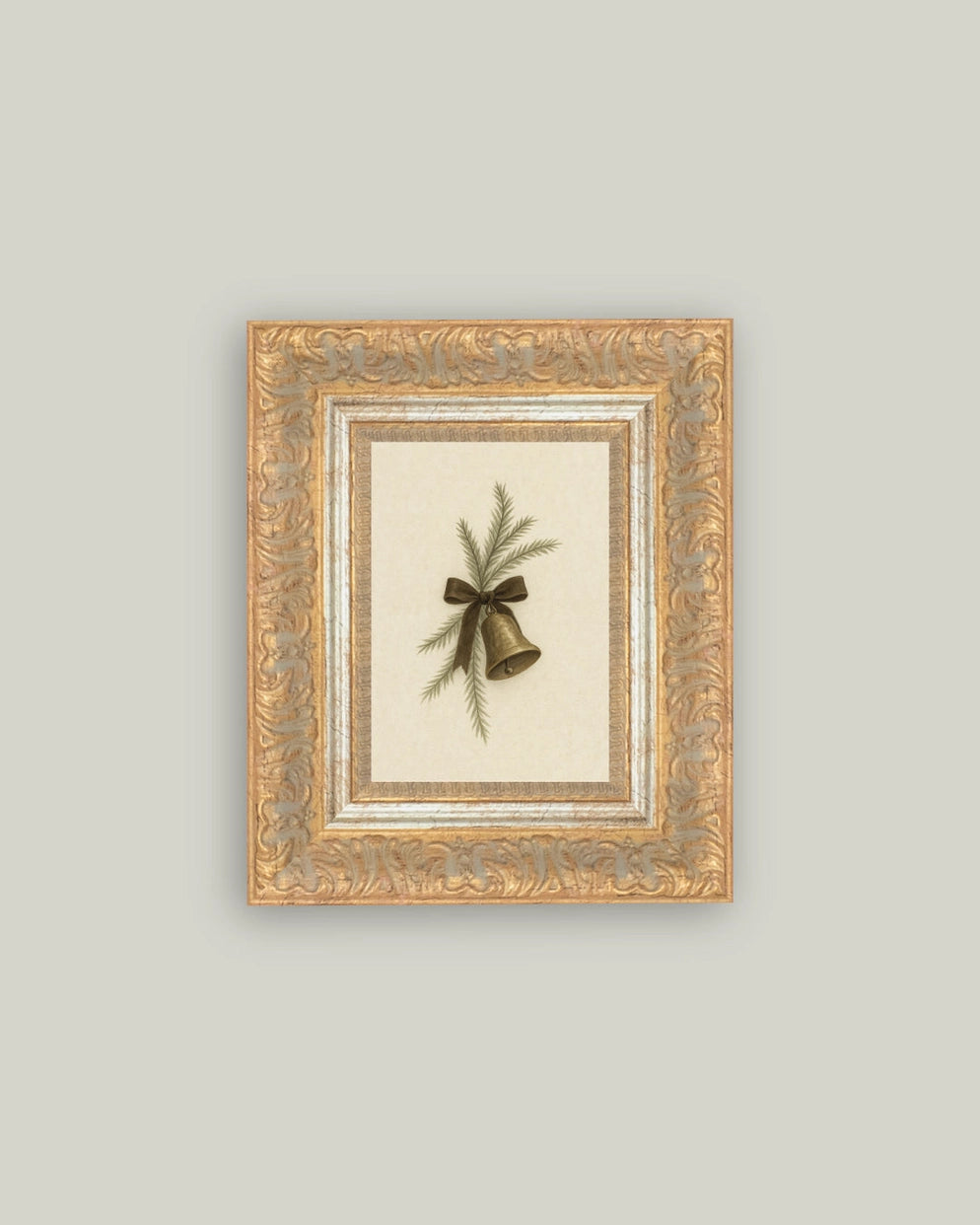 Bell with Pine Framed Antique Art 7x9