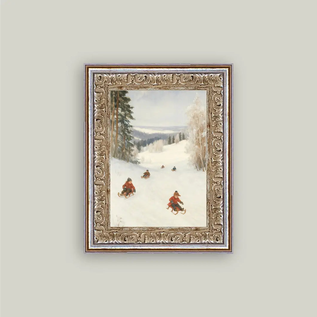 Sledding Hill Framed Antique Art 5x7