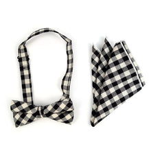 Load image into Gallery viewer, Plaid Cotton Bow Tie &amp; Matching Pocket Square-Black &amp; White
