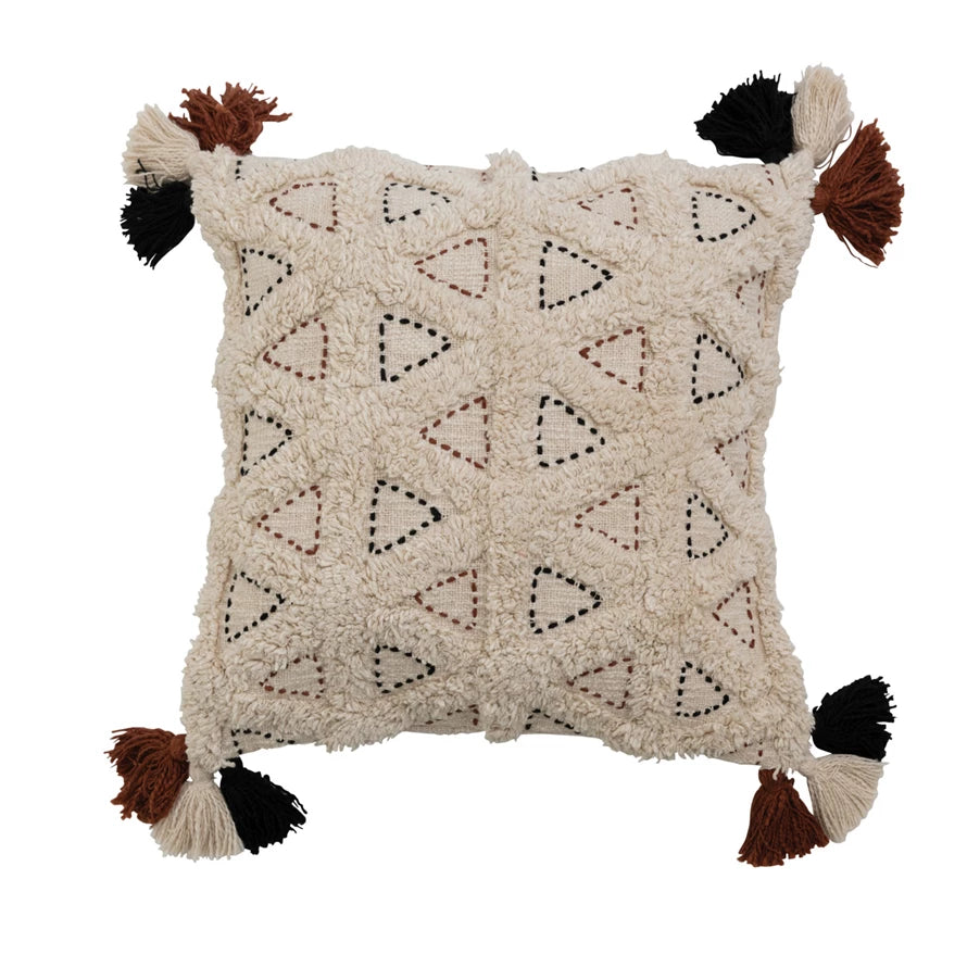 Cotton Slub Kantha Stitch Pillow w/  Tassels