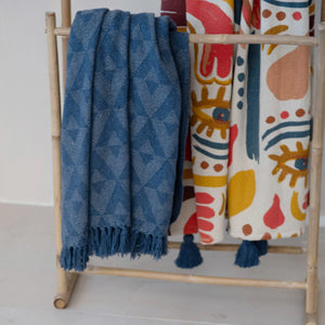 Blue Woven Recycled Cotton Blend Throw w/ Triangle Pattern & Fringe