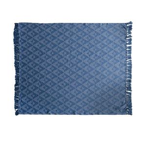 Blue Woven Recycled Cotton Blend Throw w/ Triangle Pattern & Fringe