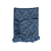 Load image into Gallery viewer, Blue Woven Recycled Cotton Blend Throw w/ Triangle Pattern &amp; Fringe
