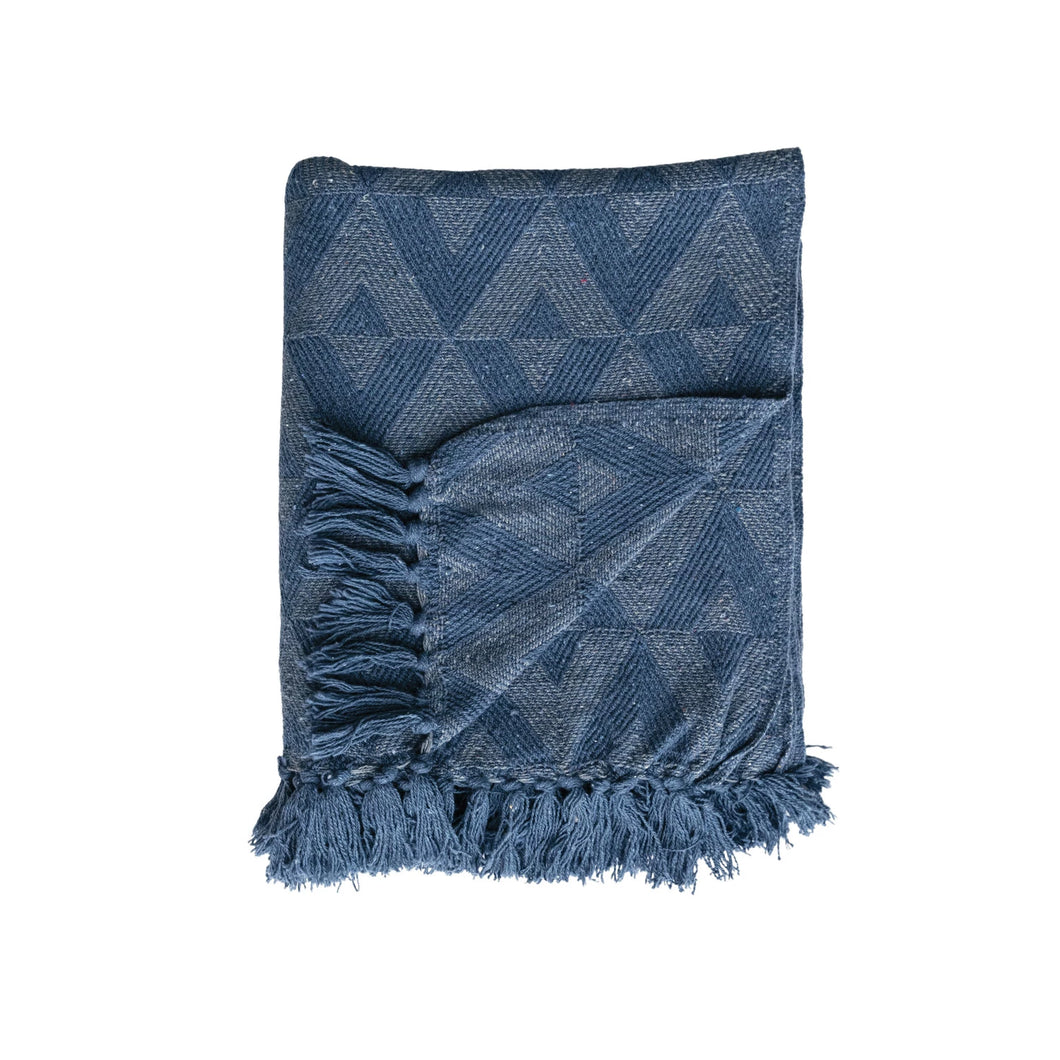 Blue Woven Recycled Cotton Blend Throw w/ Triangle Pattern & Fringe