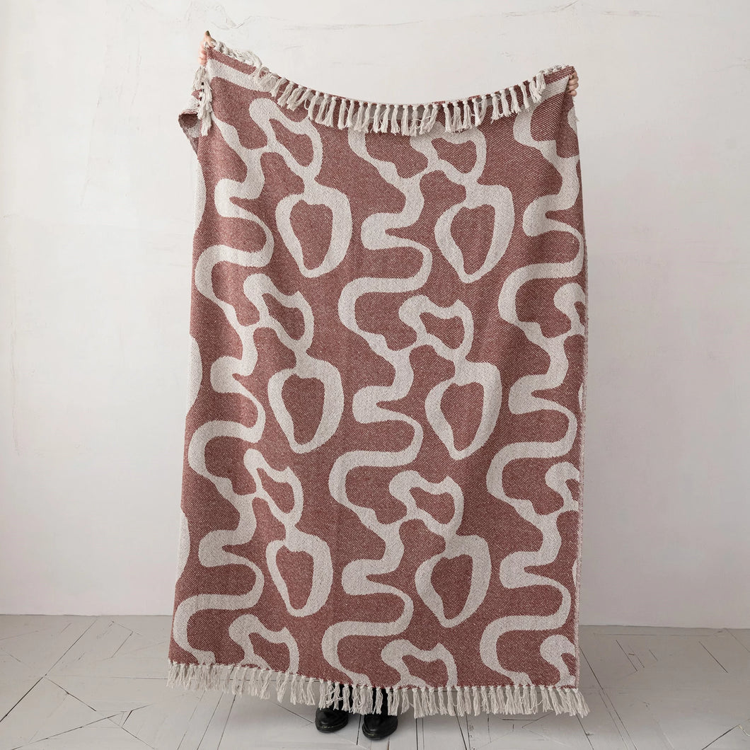 Woven Recycled Cotton Blend Jacquard Throw w/ Abstract Pattern & Fringe, Natural & Red/Brown
