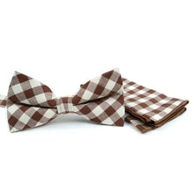 Load image into Gallery viewer, Plaid Cotton Bow Tie &amp; Pocket Square-Brown &amp; White
