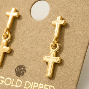 Gold Dipped Mini Cross Dangle Drop Earrings
