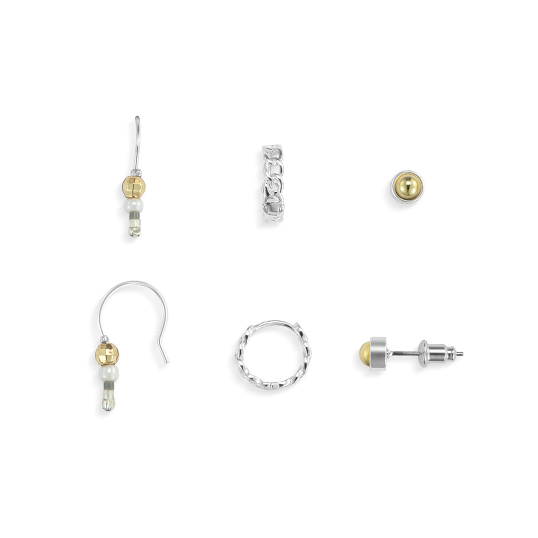 Dainty Bead Silver & Gold Earrings Set of 3