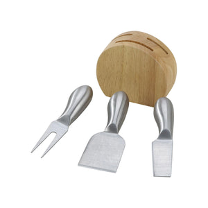 Wood Block with 3 Stainless Steel Handled Cheese Utensils