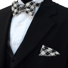 Load image into Gallery viewer, Plaid Bow Tie &amp; Pocket Square-Black &amp; Beige
