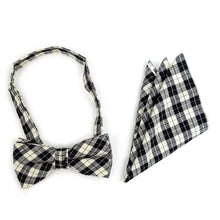 Load image into Gallery viewer, Plaid Bow Tie &amp; Pocket Square-Black &amp; Beige
