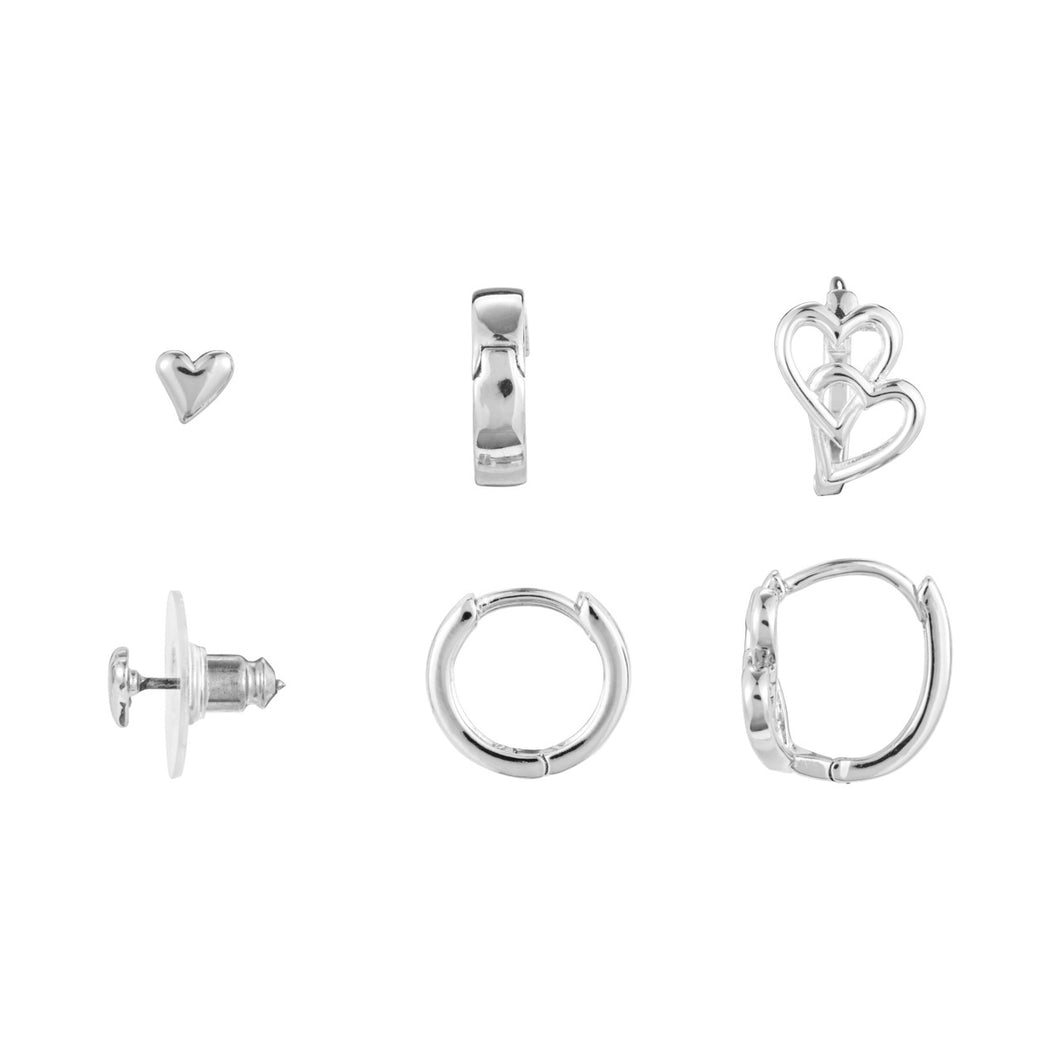 Dainty Double Heart Earrings Set of 3 - Silver