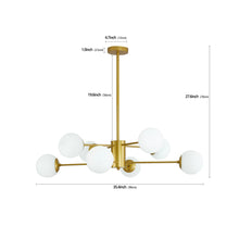 Load image into Gallery viewer, 8-Light Gold Chandelier with White Glass, Mid-Century Design
