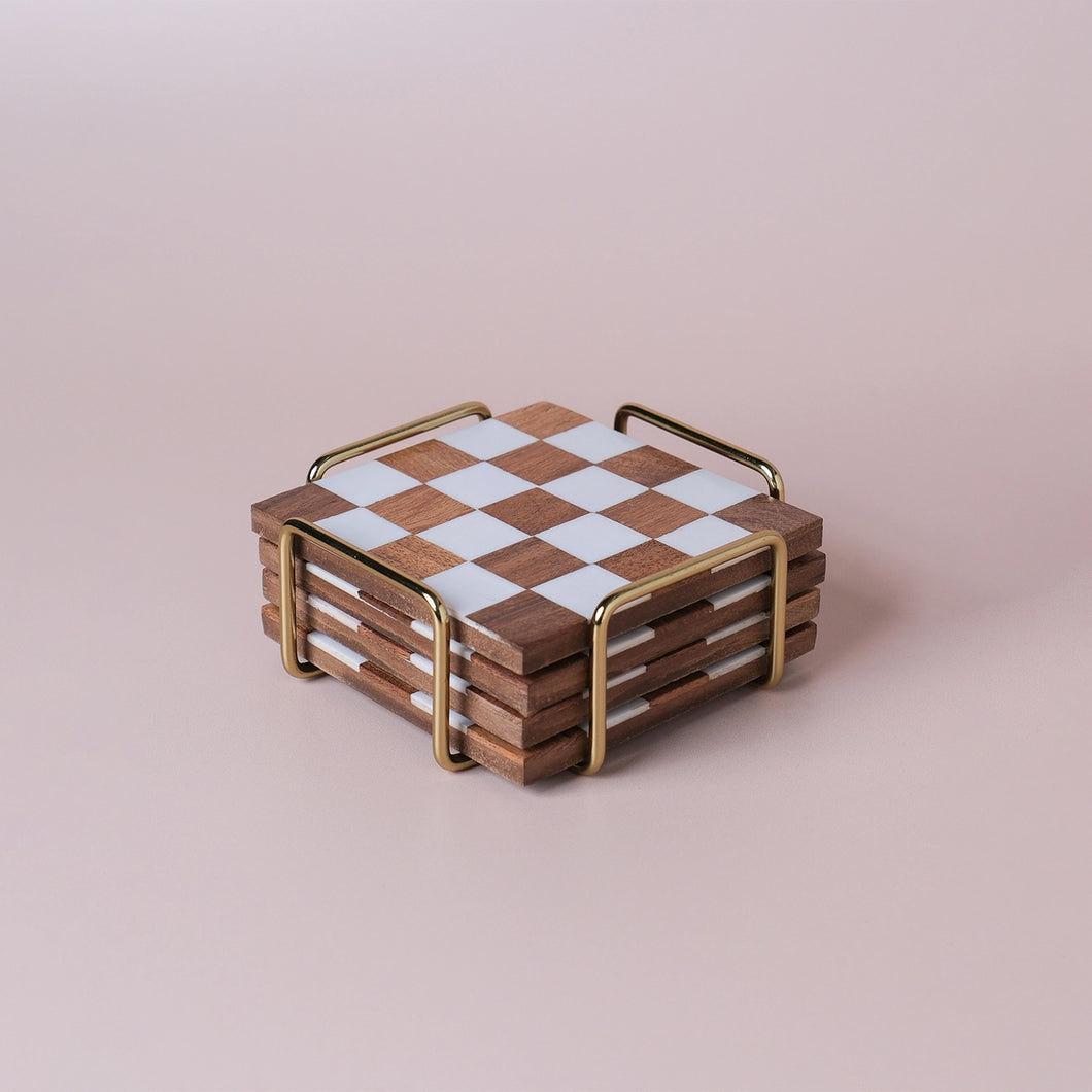 Checkered Wood Coasters with Stand