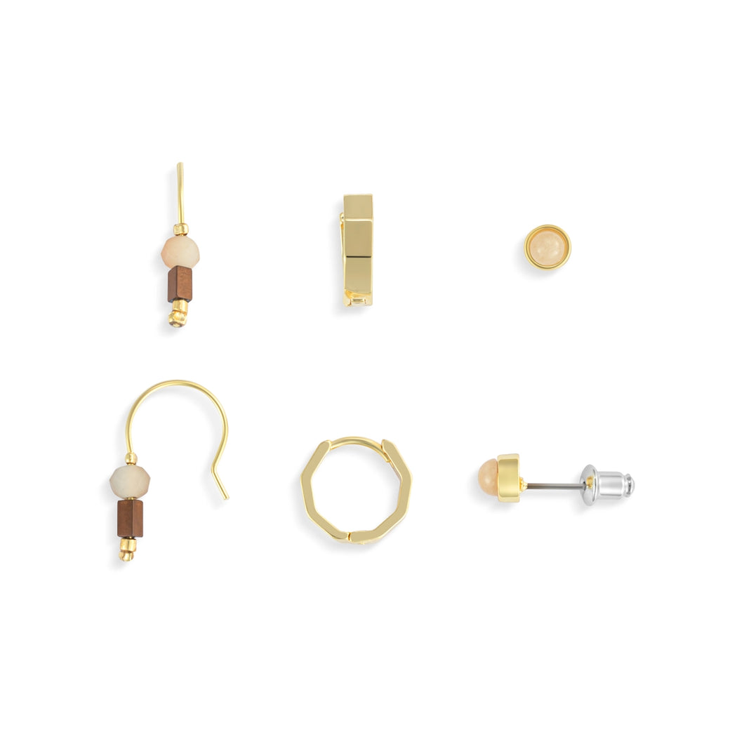 Dainty Bead Gold & Blue Earrings Set of 3