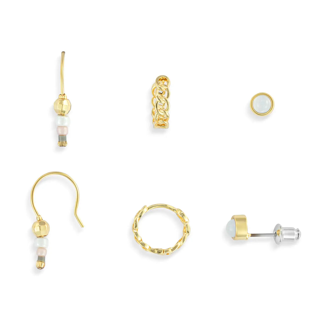 Dainty Bead Gold & Brown Earrings Set of 3