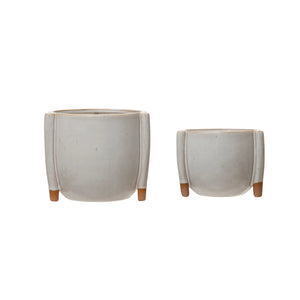 Small Stoneware Footed Planter with Reactive Glaze