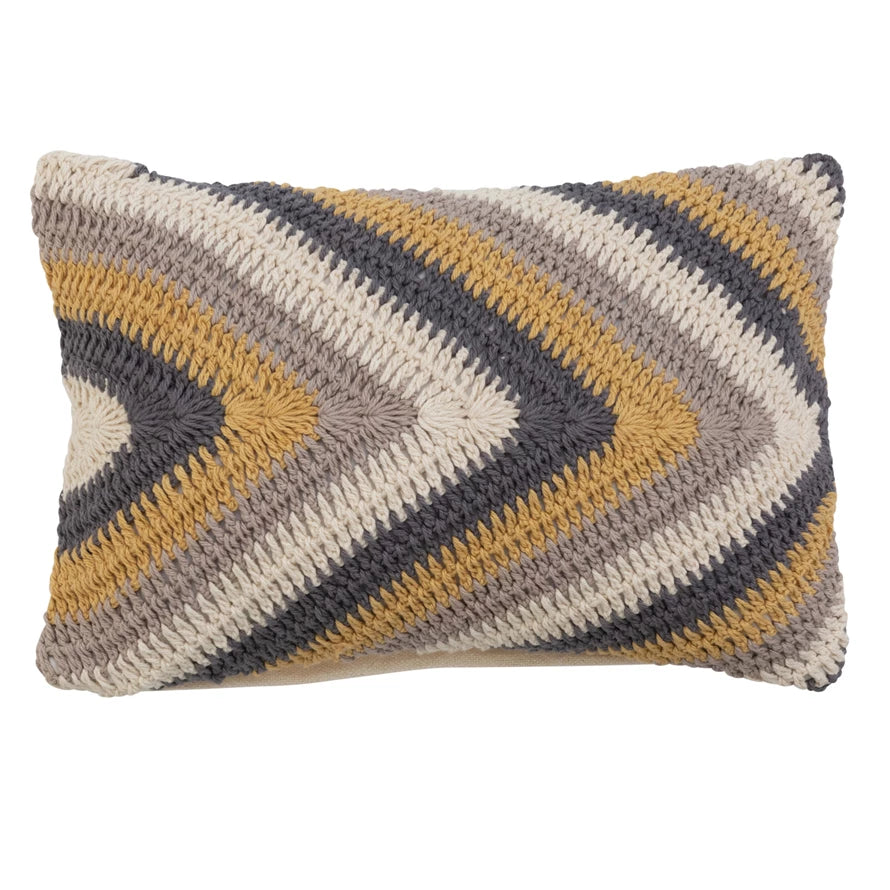 Cotton Crocheted Lumbar Pillow w/ Chevron Pattern