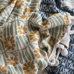 Woven Throw Blanket with Flowers & Braided Pom Pom Tassels