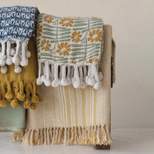 Load image into Gallery viewer, Woven Throw Blanket with Flowers &amp; Braided Pom Pom Tassels
