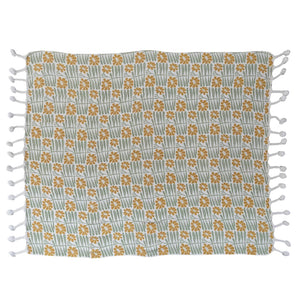 Woven Throw Blanket with Flowers & Braided Pom Pom Tassels