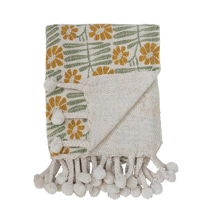 Woven Throw Blanket with Flowers & Braided Pom Pom Tassels