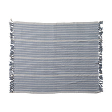 Load image into Gallery viewer, Blue &amp; Natural Woven Recycled Cotton Blend Throw with Stripes &amp; Fringe
