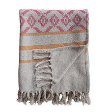 Load image into Gallery viewer, Pink &amp; Mustard Woven Recycled Cotton Blend Jacquard Throw with Stripes &amp; Tassels
