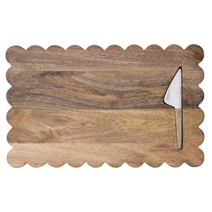 Mango Wood Scalloped Cheese Board w/ Stainless Steel Cheese Knife