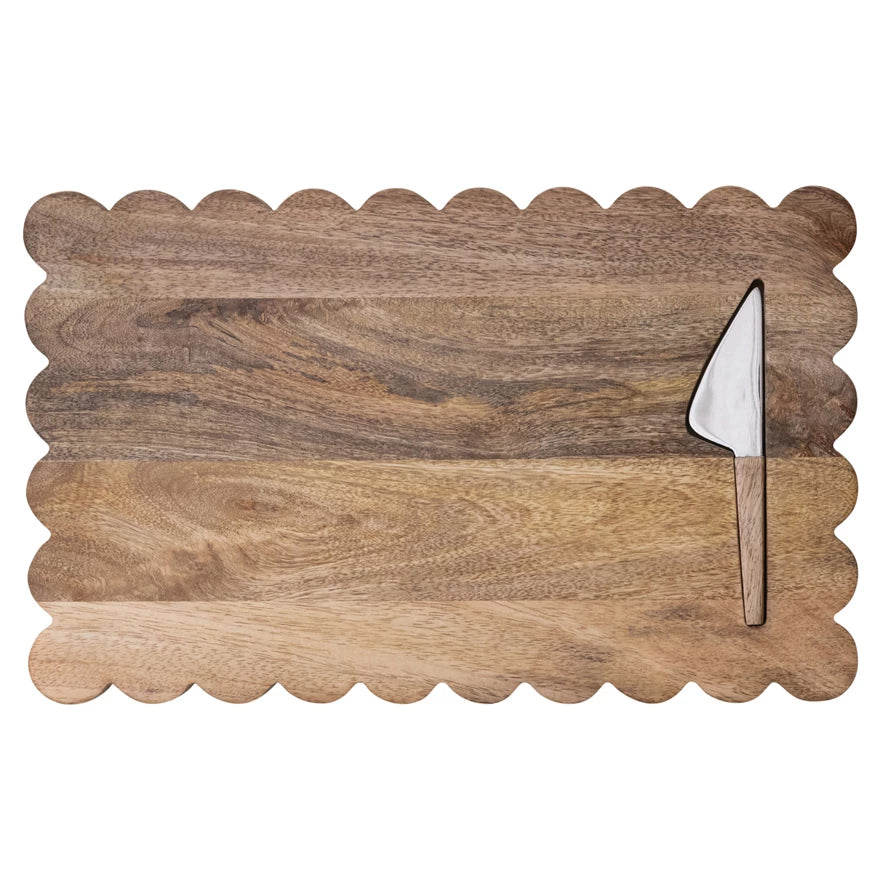 Mango Wood Scalloped Cheese Board w/ Stainless Steel Cheese Knife